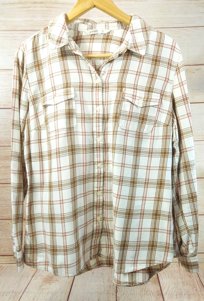Old Navy Unisex Long Sleeve Shirt Casual Top Plaid Beige/Brown Button Down Gift