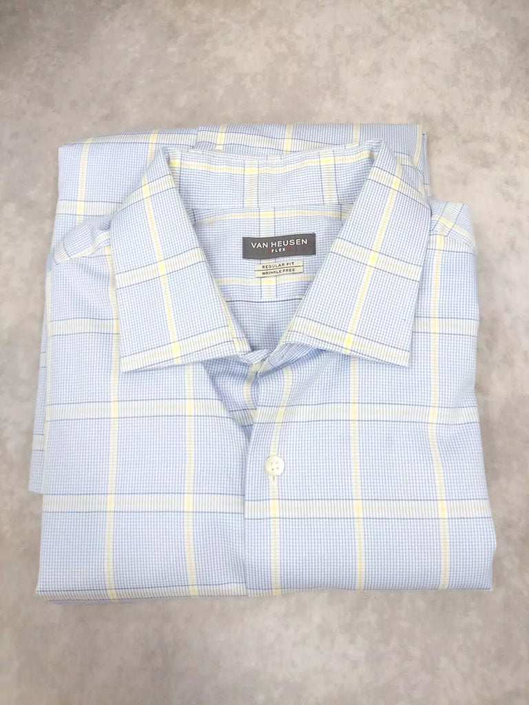 Van Heusen Men's Flex Regular Fit Wrinkle Free Plaid Dress Shirt Blue Yellow