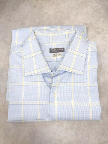Van Heusen Men's Flex Regular Fit Wrinkle Free Plaid Dress Shirt Blue Yellow