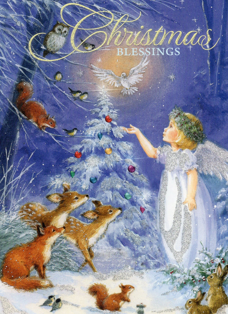 "Christmas Blessings" Golden Angel Girl With Animals Snowing Christmas Tree Spar