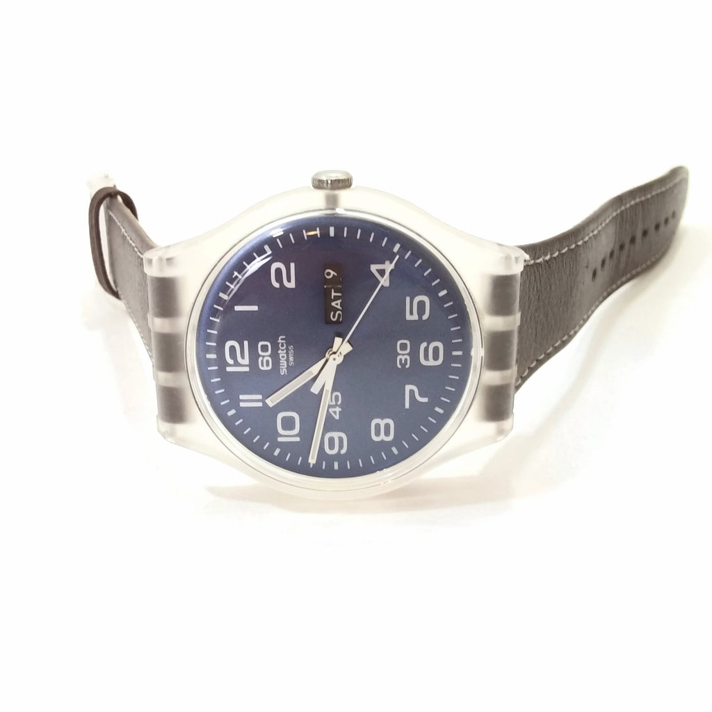 SWATCH Brown Leather Blue & Clear Face Numbers Date Unisex Hand Watch