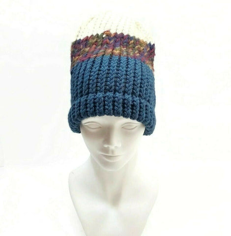 Winter Hat 100% Wool Knitted Handmade Unisex Warm Cap Skull Beanie Blue Gift