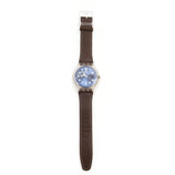 SWATCH Brown Leather Blue & Clear Face Numbers Date Unisex Hand Watch