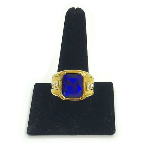 Men's Fashion Gold Color Ring W/Blue Square Stone & Simulated Diamonds Size 12