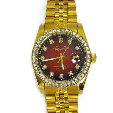 Men's Watch Gold Red Color W/Simulated Diamonds Bracelet Analog Watch