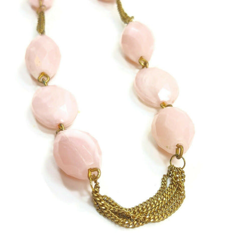 Women Stones Necklace Goldish/Pink Pendant Beads Handmade Chain Trinket Gift VTG