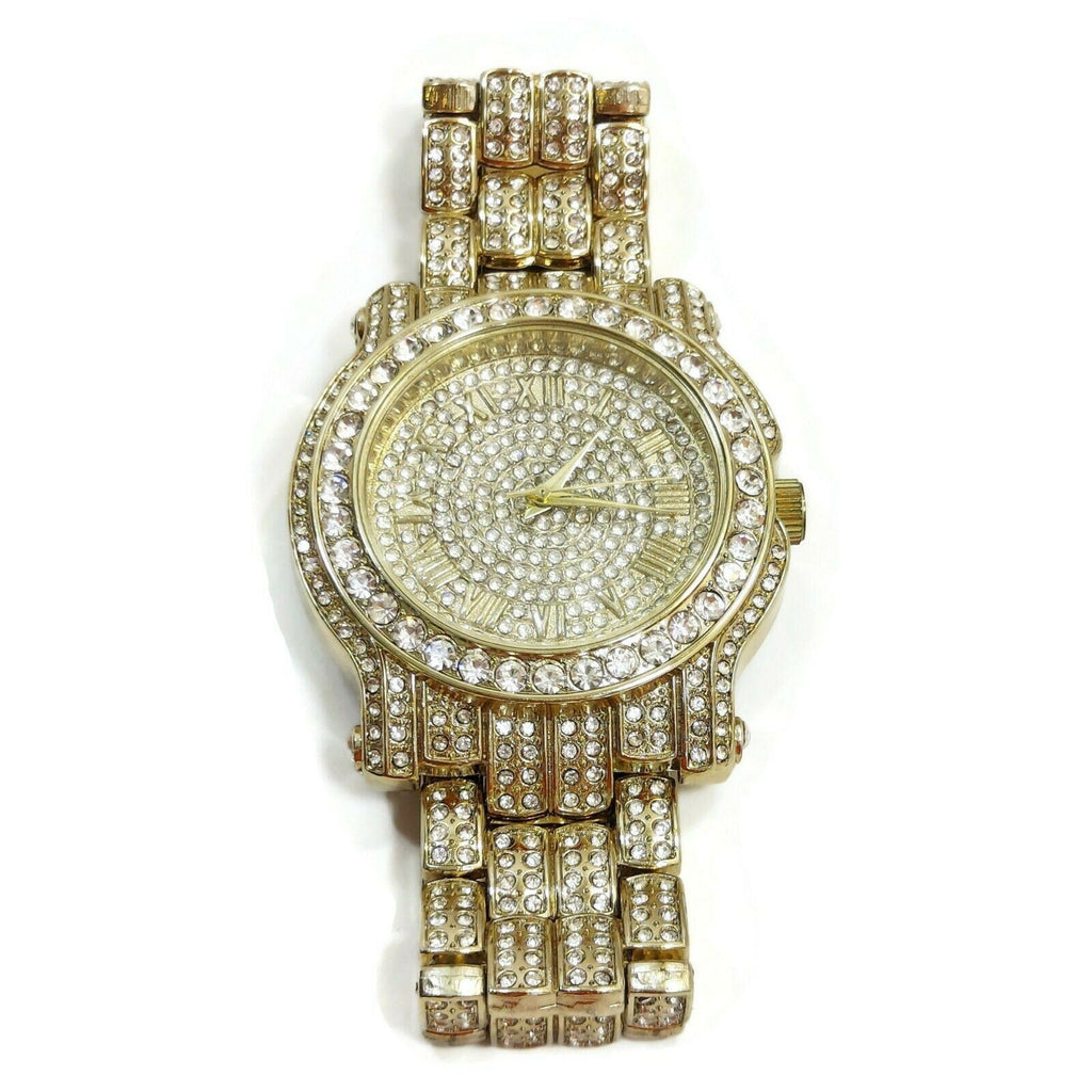 Unisex Jewelry Gold Color W/Simulated Diamonds Bracelet Analog Luxury Watch