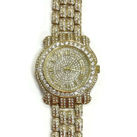 Unisex Jewelry Bracelet Gold Color W/Simulated Diamonds Analog Luxury Watch