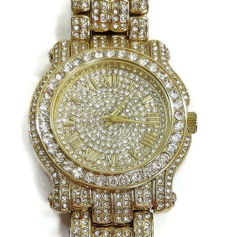 Unisex Jewelry Bracelet Gold Color W/Simulated Diamonds Analog Luxury Watch