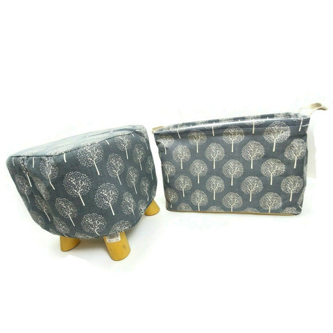 Wooden Cushioned Square Stool Seat Foldable Canvas Fabric Storage Bin Set Gray