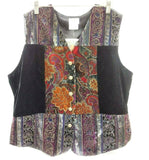 Women's Black Vest Velvet Red & Gold Floral Embroidered Sleeveless Top V Neck