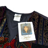 Women's Black Vest Velvet Red & Gold Floral Embroidered Sleeveless Top V Neck