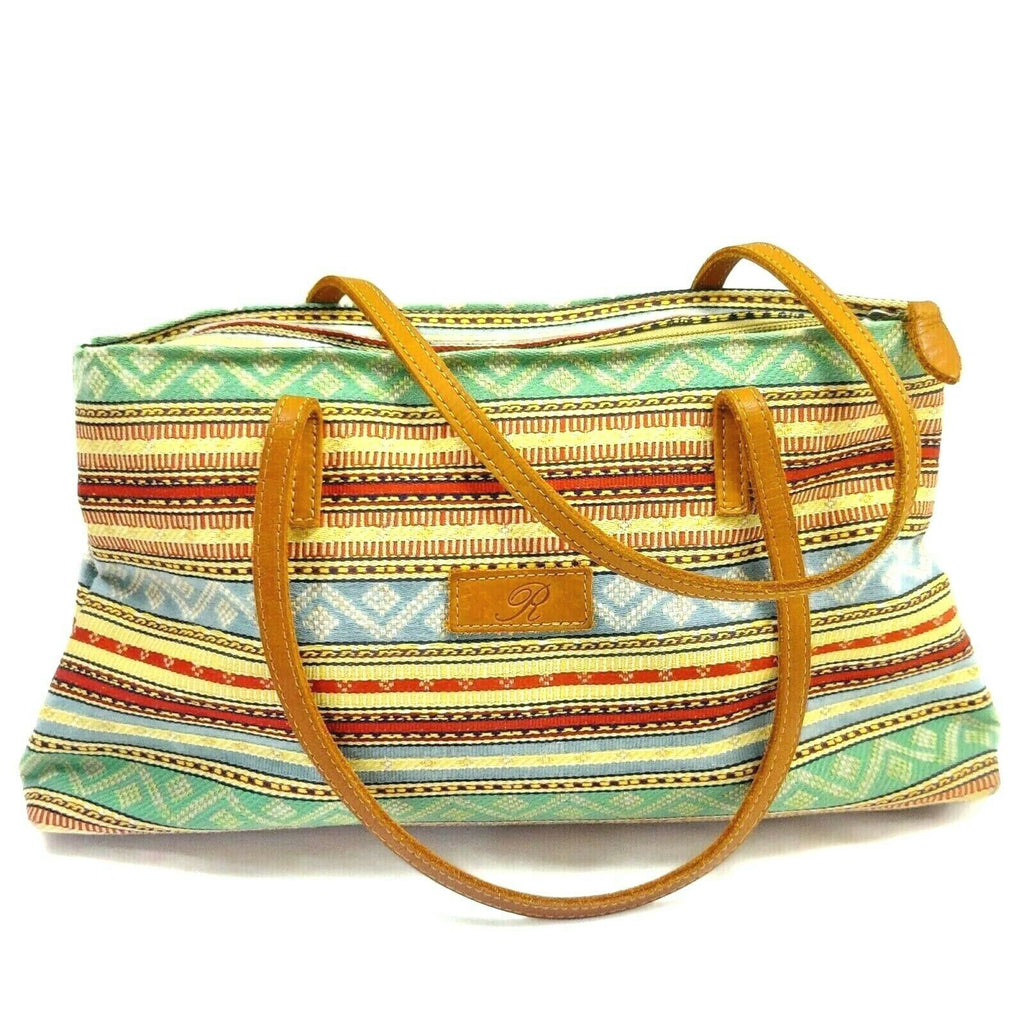 Fabric Women's Hand Bag Shoulder Tote Purse Colorful Striped Printed 13 x 8 in