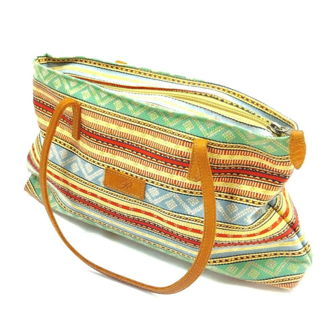 Fabric Women's Hand Bag Shoulder Tote Purse Colorful Striped Printed 13 x 8 in