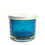 Candle Glass Holder Round Translucent Etched Floral Pattern Tumbler Teal 14oz