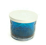 Candle Glass Holder Round Translucent Etched Floral Pattern Tumbler Teal 14oz