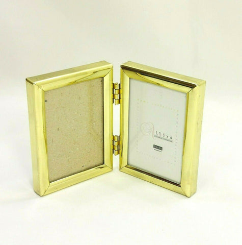 Goldtone Hinged Double Picture Photo Frame Folding Display 2.5x3.5 Table/Wall