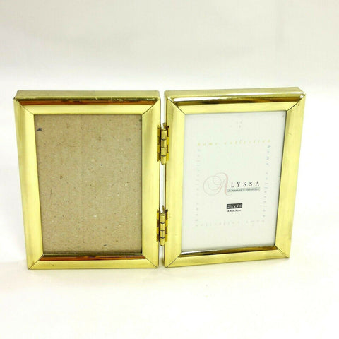 Goldtone Hinged Double Picture Photo Frame Folding Display 2.5x3.5 Table/Wall