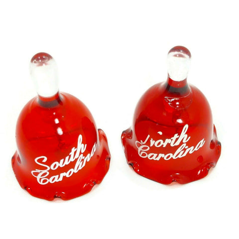 Red Glass 2 Bell Set Gift North &  South Carolina  Souvenir Memento VTG Collection