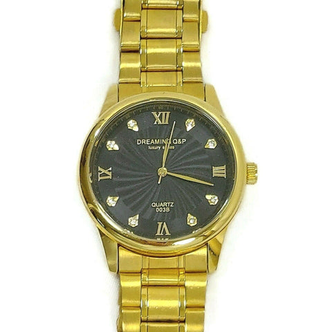 Dreaming Q&P Men Fashion Watch Gold Tone Black Dial Luxury Analog Quartz Jewelry