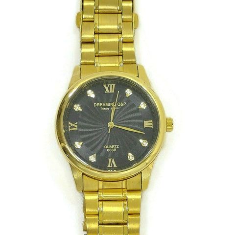Dreaming Q&P Men Fashion Watch Gold Tone Black Dial Luxury Analog Quartz Jewelry