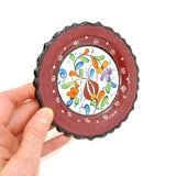 Ceramic Round Plate Handcrafted Ornament Floral Pattern Burgundy Home Décor