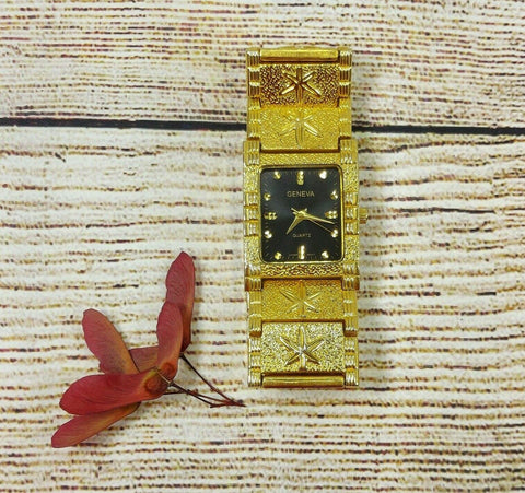 Men Geneva Quartz Wrist Watch Jewelry Bracelet Luxury Goldtone/Black Wristwatch