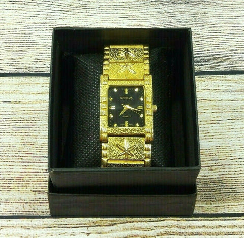 Men Geneva Quartz Wrist Watch Jewelry Bracelet Luxury Goldtone/Black Wristwatch