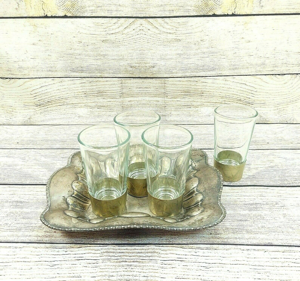 Silver Tray Glasses Vintage Antique Set of 4 Oblong Salver Plate Tea Glass Cups