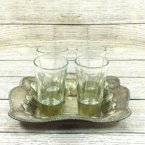 Silver Tray Glasses Vintage Antique Set of 4 Oblong Salver Plate Tea Glass Cups