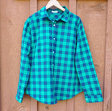 Guanyy Women's Long Sleeve Casual Loose Classic Green Plaid Button Down Shirt XL