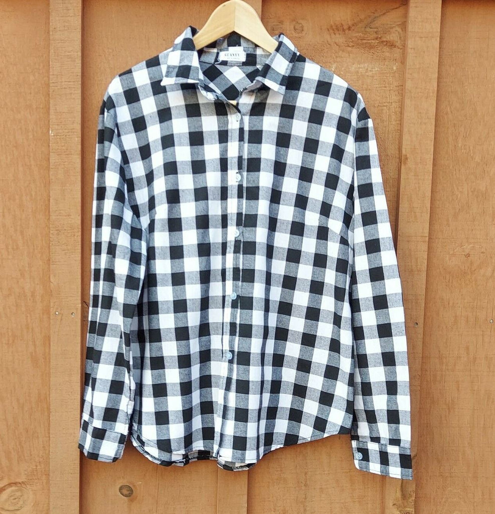 Guanyy Women's Long Sleeve Casual Loose Classic Black Plaid Button Down Shirt XL