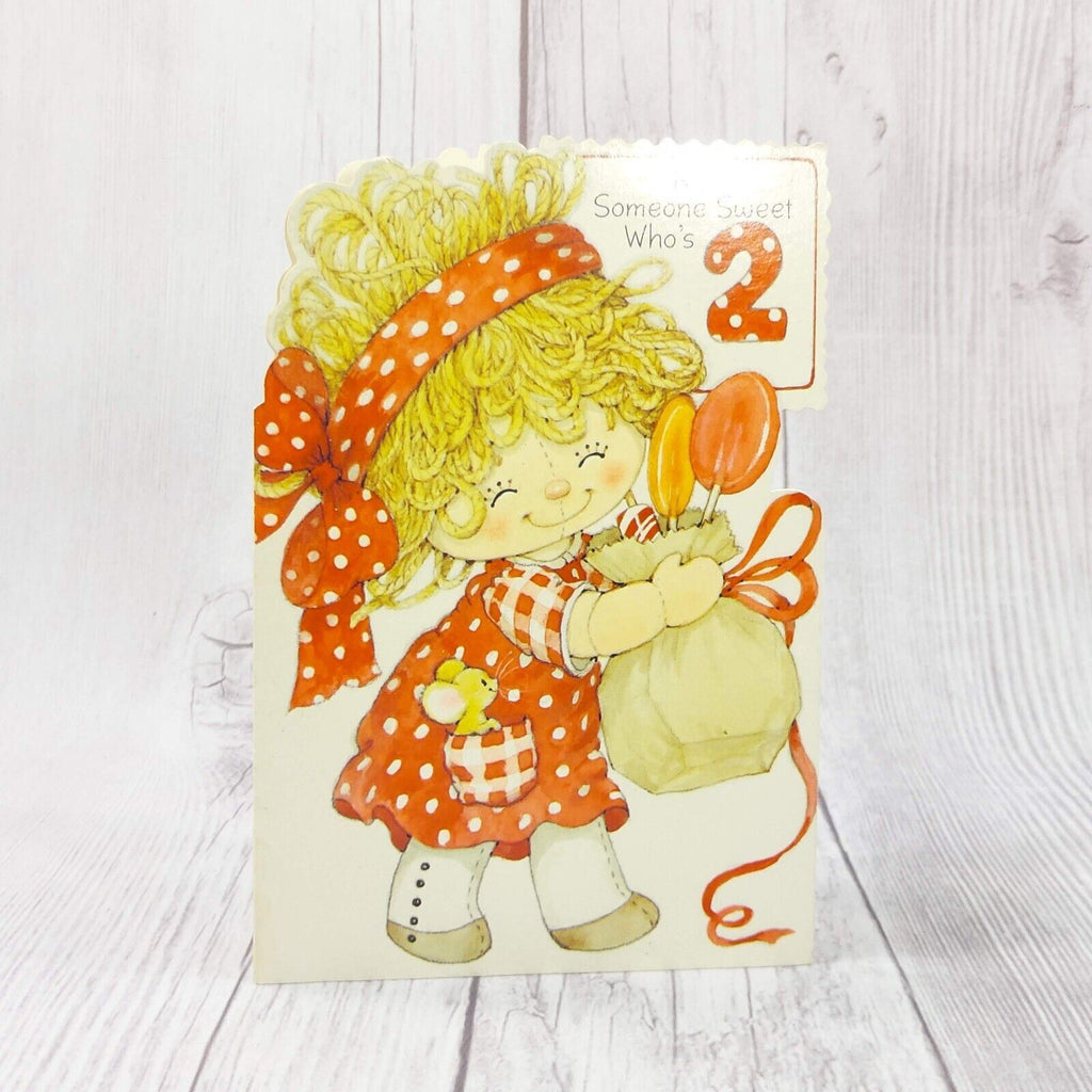 2nd Happy Birthday Vintage Girls Greeting Card Wishes Doll W/ Lollipops Unused