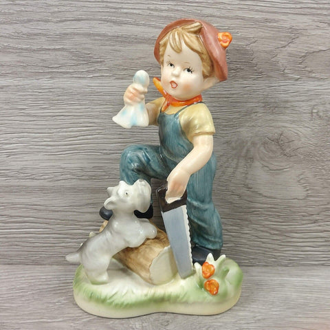 Vintage Porcelain Farm Boy w/Saw Wood & Dog 8"  Figurine Collection Collectible