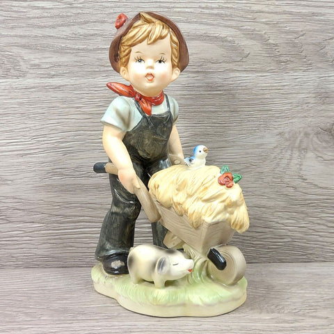 Vintage Porcelain Farm Boy w/Straw & Hay Wagon Pig & Bird 8" Figurine Collection