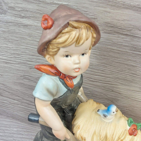 Vintage Porcelain Farm Boy w/Straw & Hay Wagon Pig & Bird 8" Figurine Collection