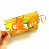 Floral Embroidery Purse Handmade Leather Small Bag Key Wrist Holder Makeup Pouch