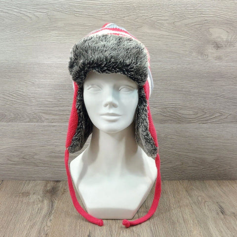 Earflaps Winter Hat Ear Cover Unisex Warm Fur Lining Beanie Aviator Cap Gray/Red