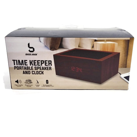 Time Keeper Portable Digital Alarm Clock &  Speaker Dark Brown Wood Grain Design