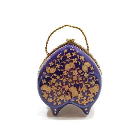 Vintage Art Jewelry Trinket Box Heart Shape W/ Legs Floral Chinese Blue/Gold