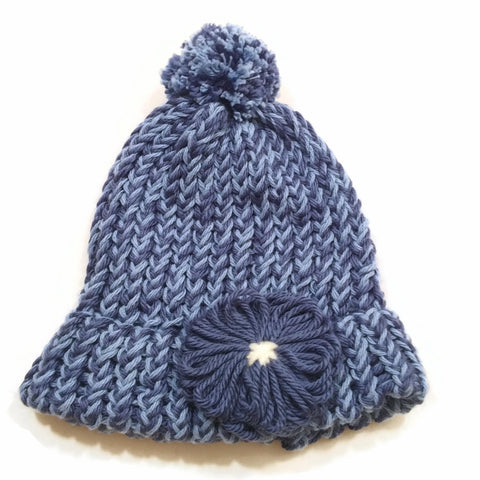 Girls High Bun Wool Knitted Handmade Cap Skull Beanie Winter Hat W/Flower Blue