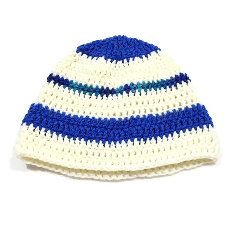 Winter Hat 100% Wool Knitted Handmade Unisex Warm Cap Skull Beanie Blue/White OZ