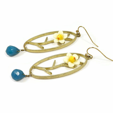 Flowery Drop Earrings W/Blue Stone Women's Oval Vintage Handmade Jewelry