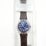 SWATCH Brown Leather Blue & Clear Face Numbers Date Unisex Hand Watch