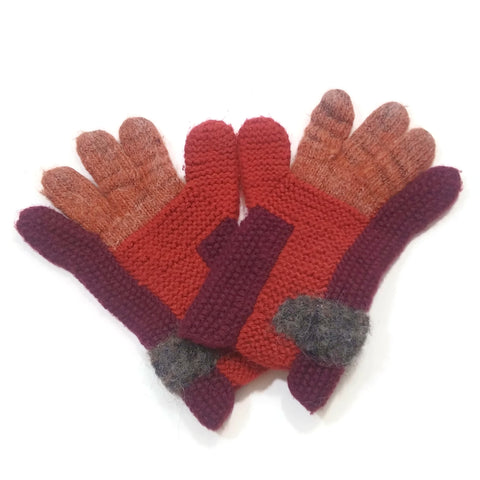 Woman's Winter Knit Warm Gloves 100% Wool Handmade Red/Purple/Orange