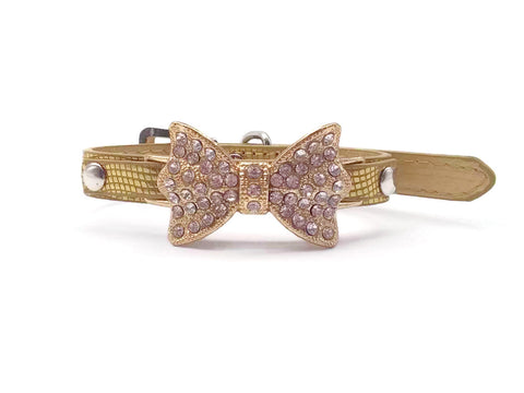 Adjustable Crystal Bowknot XS Dog/Cat Collar Leather Gold