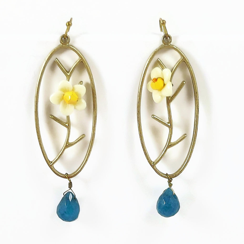 Flowery Drop Earrings W/Blue Stone Women's Oval Vintage Handmade Jewelry