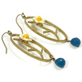 Flowery Drop Earrings W/Blue Stone Women's Oval Vintage Handmade Jewelry