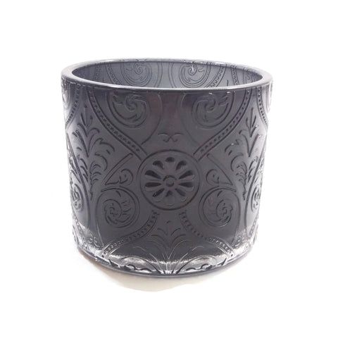 Candle Glass Holder Round Translucent Etched Floral Pattern Tumbler Black Gift