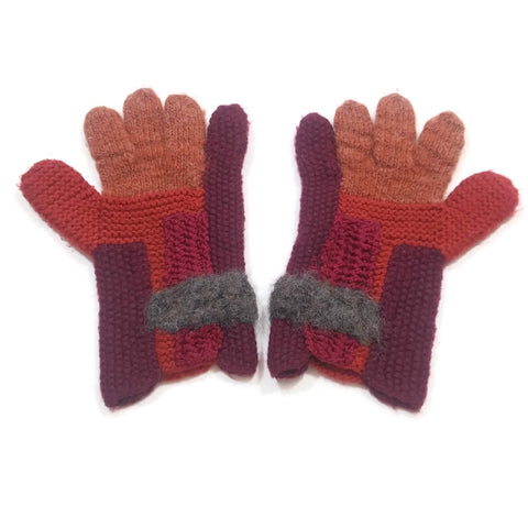 Woman's Winter Knit Warm Gloves 100% Wool Handmade Red/Purple/Orange